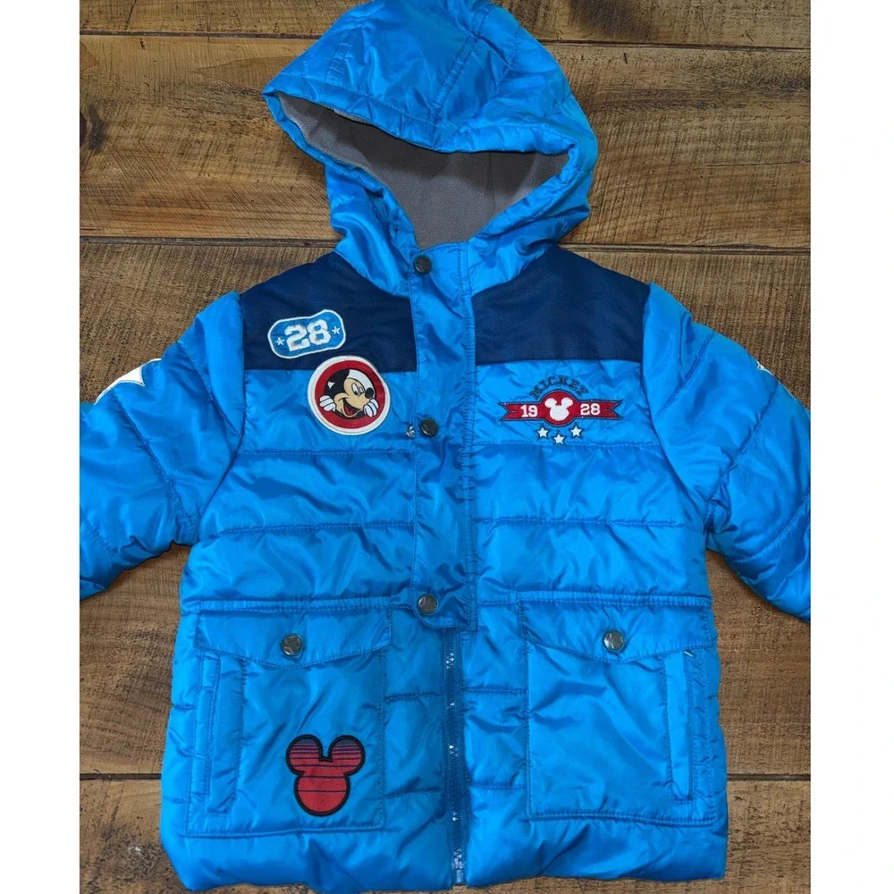 Disney Mickey Mouse Kids Blue Puffer Coat Patches Full Zip Hooded Size 4